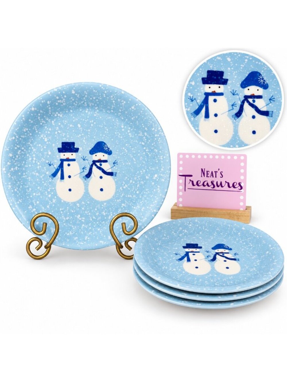 Home Target WINTER FROST Hand Painted Snowman Stoneware Blue Salad Plates Set 4